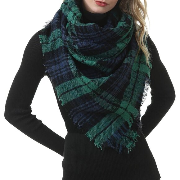 Women's Fall Winter Scarf Classic Tassel Plaid Green & Navy